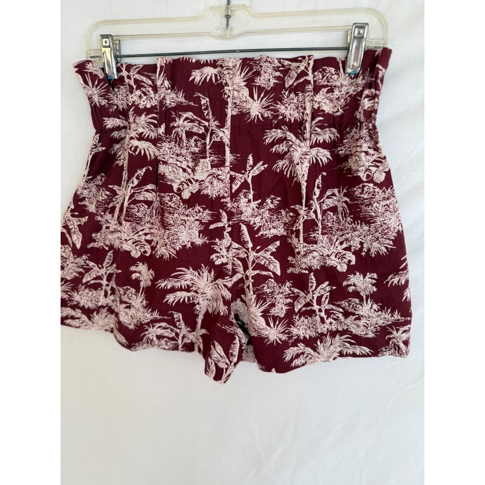Miss June Paris Burgundy Tropical Palm Toile Paperbag Waist Cotton Shorts Size 1 - Picture 2 of 10
